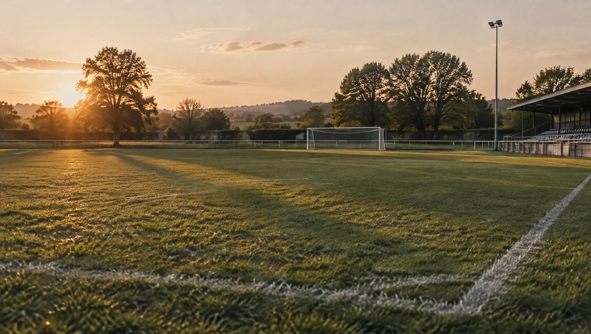 Campo de futebol vazio ao final da tarde, com luz dourada sobre a relva